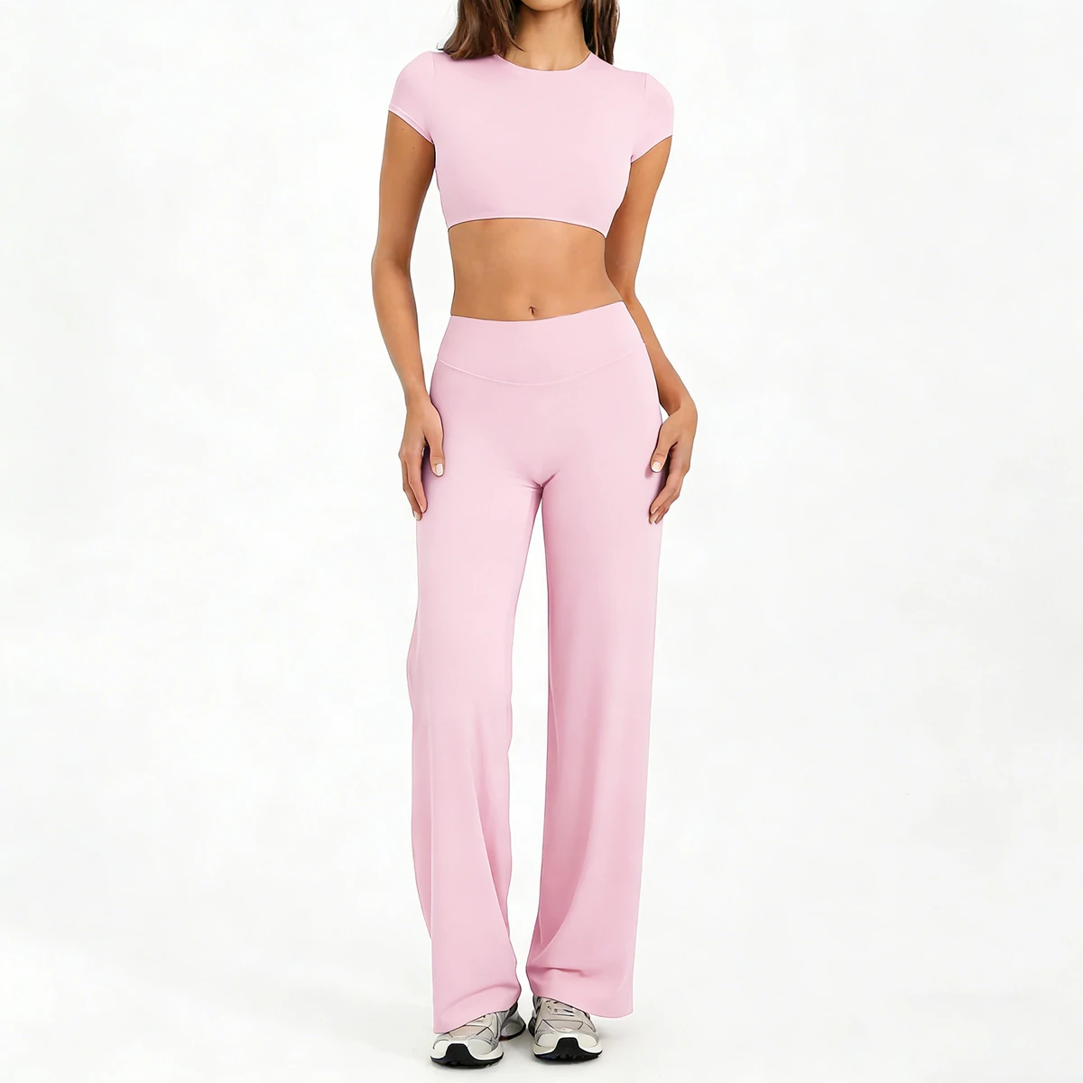 XIAOWEI Sports Wear 2 Piece Sports Top Flare Leggings Suit 13 Colors Butt Lift Gym Wear Women Sets Fitness Wide Leg Pants Set