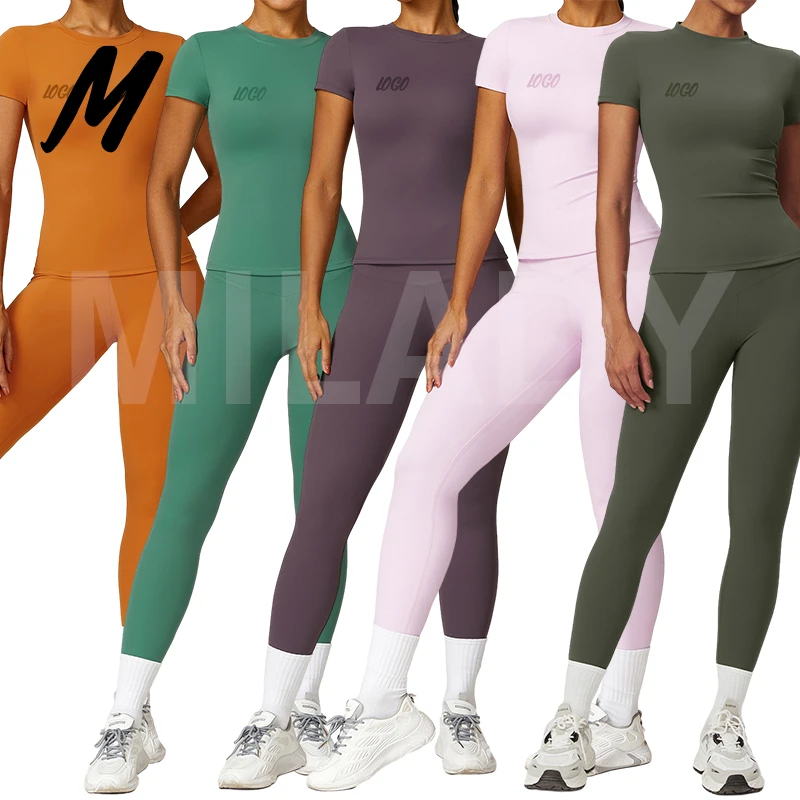 Nylon High Elastic Spring T-Shirt Quick-Drying Yoga Wear Short-Sleeved Fitness Top Blouse Leggings Two-Piece Set Women Clothing