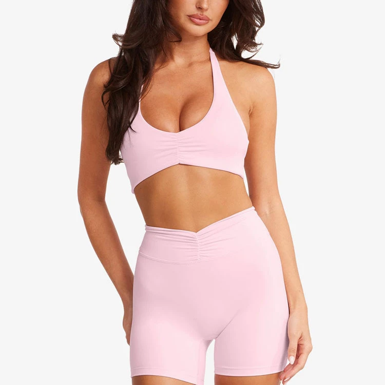 Women's Fashion Sports Bra Wholesale Logo Breathable Ruched Halter Neck Tops Sexy Backless Yoga Crop Top Removable Padded Plain