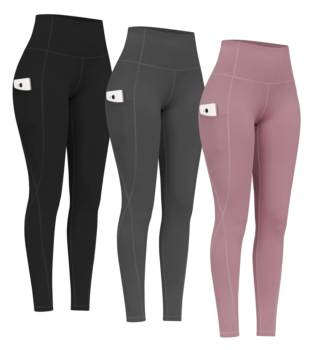 Women High Waist Yoga Leggings Full Length Solid Color With Pockets Spandex Polyester Four-Way Stretch Pants