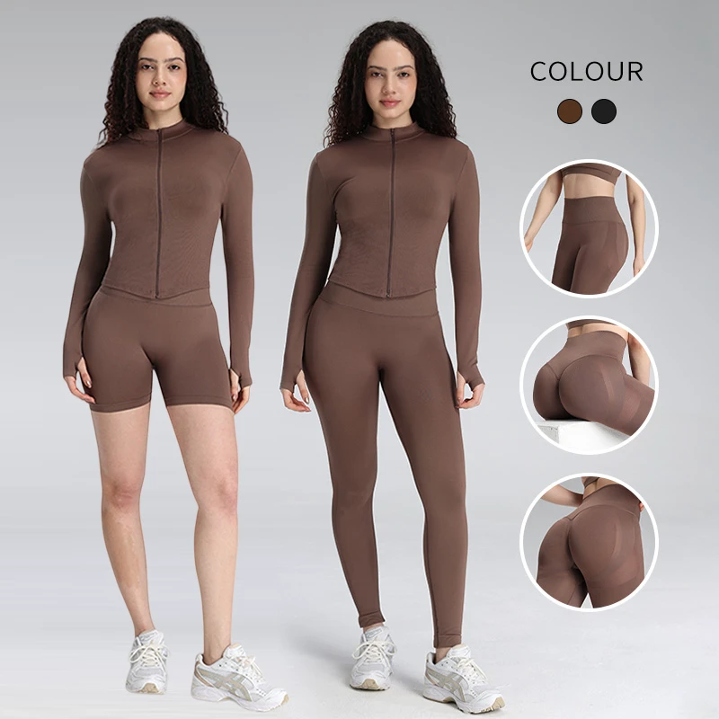 OEM/ODM Seamless Yoga Workout Set Women High Waist Leggings Tight Sports Jacket Bra Set Tummy Control Activewear for Gym Fitness