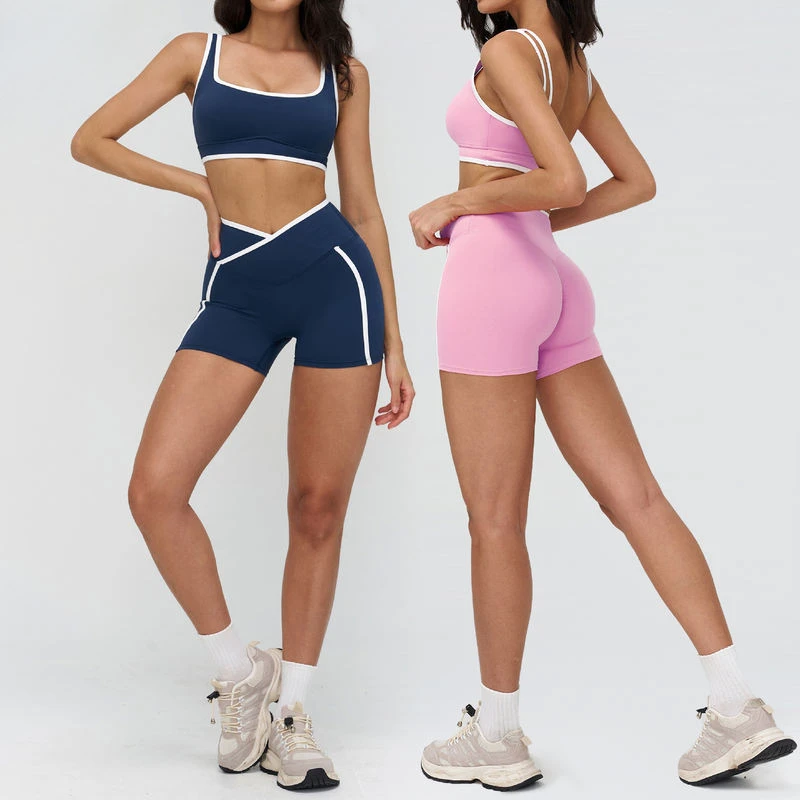Yoke Workout Gym Clothing Sportwear Women Set Gym White Patchwork Front V Shorts Pad Bra Running Custom 2 Pieces Yoga Set