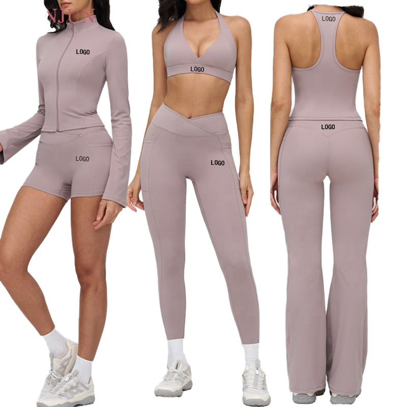 2025 Womens Solid Lightweight Quick-Dry Breathable 6-Piece Yoga Set High Waist Leggings Sports Bra Front Logo Customizable