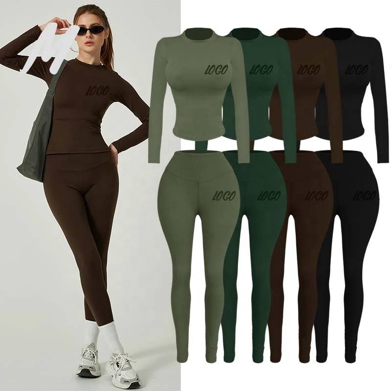 Women's Elastic Waist 2-Piece Gym Sets Quick Drying Breathable Sports Leggings Short Sleeves Hip Lifting Yoga Pants
