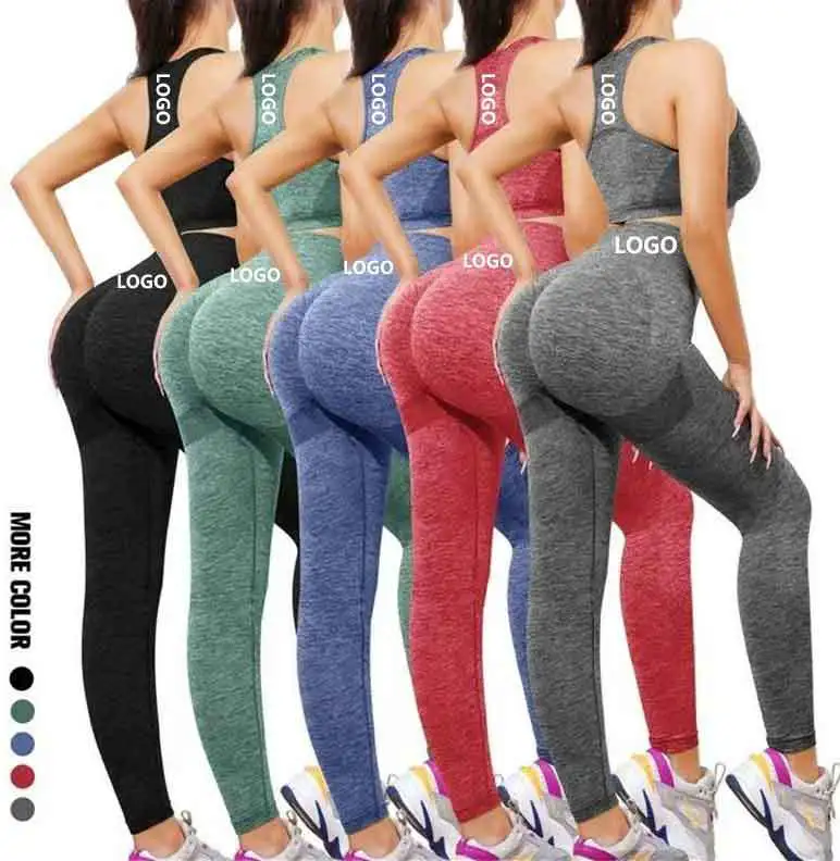 Women High Waist Fitness Wear Elastic Compression Knitted Scrunch Butt Yoga Leggings Sets Seamless Gym Fitness Set for Women