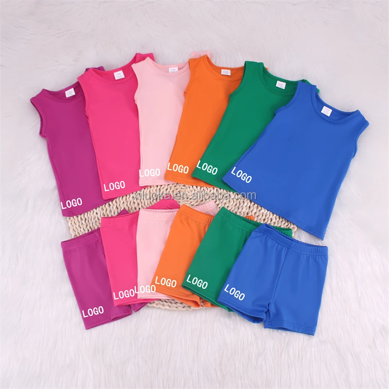 Custom Activewear Gym Sports Tank Top Biker Shorts Short SetChildren Girls Clothing Set