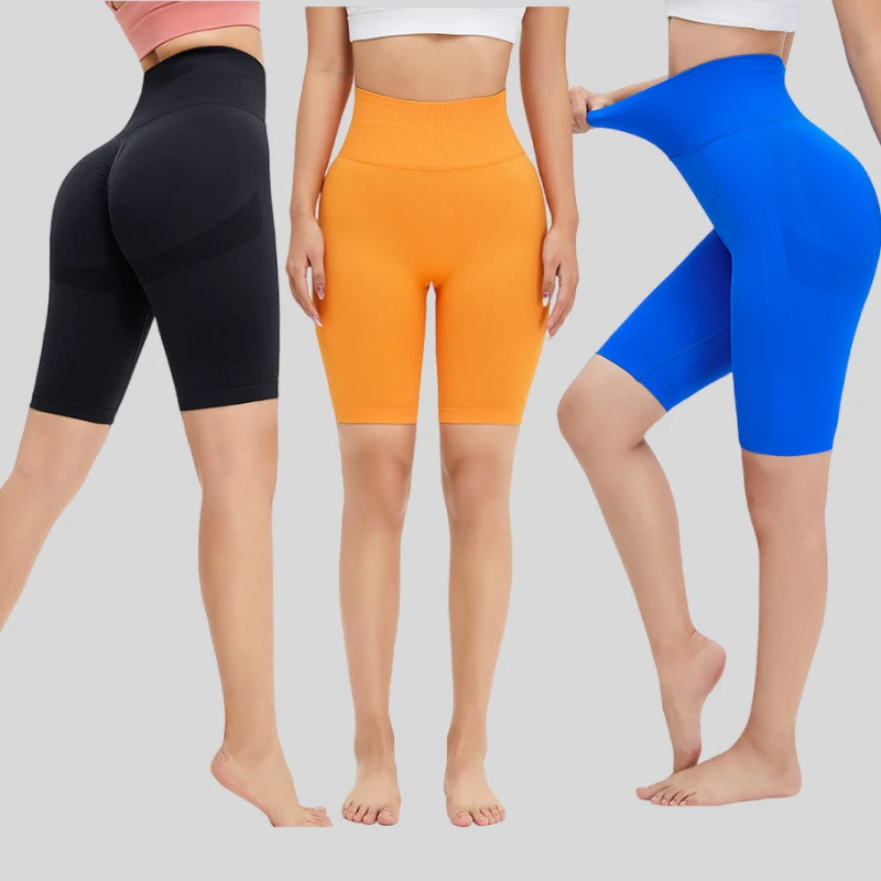Women's High Waist Seamless Spandex/Nylon Gym Yoga Pants Quick-Drying Nude Fitness Sports Shorts Elastic Hip Lift Print Feel
