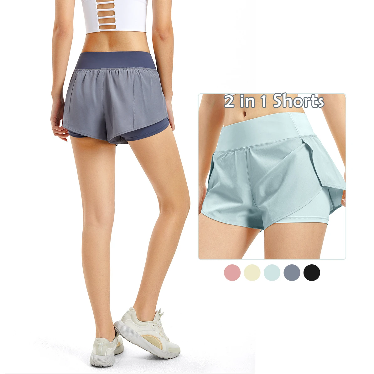 Wholesale Women Two-layer Sports Shorts High Waist Gym Yoga Short Pants Running Workout Biker Shorts With Side Pockets