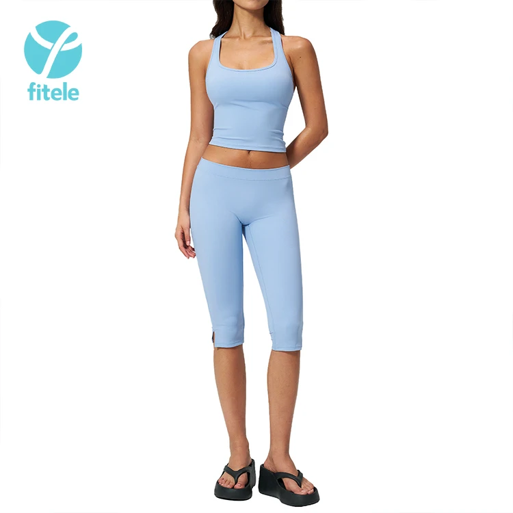 Women Solid Seamless Yoga Set Breathable Racerback Gym Tank Top Removable Pads Elastic High Waist Shorts 2-Piece Fitness Wear