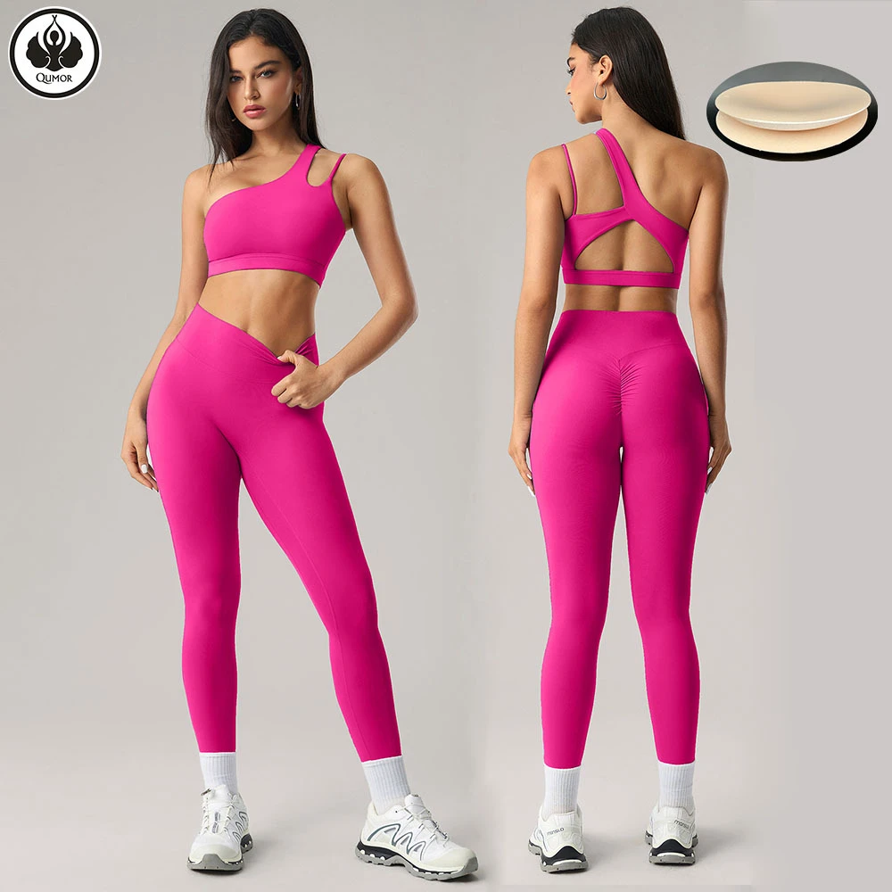 QUMOR Women's Solid 2-Piece Yoga Set Soft Nylon/Spandex Seamless Breathable Sports Bra High Waist Butt Lift Pants Leggings