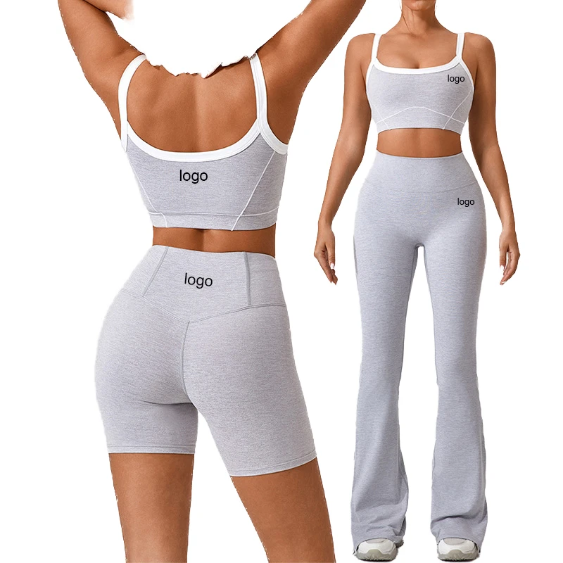 New Trends 2024 Solid Pattern Breathable Elastic Waist Long Sleeve Sports Bra Gym Shorts Flare Pants 3-Piece Yoga Training Wear