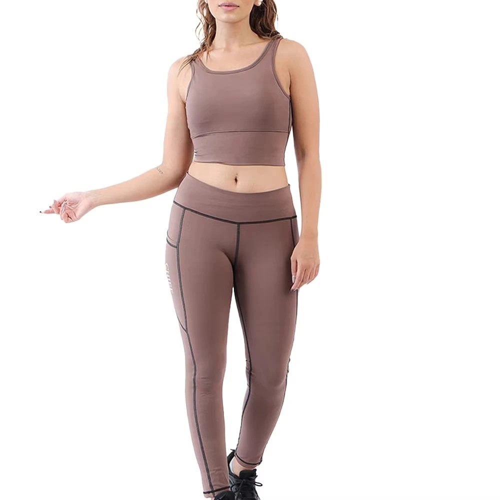 Women's Brown Yoga Set Racerback Crop Top High Waist Leggings 2 Piece Activewear Seamless Spandex Polyester Full Length