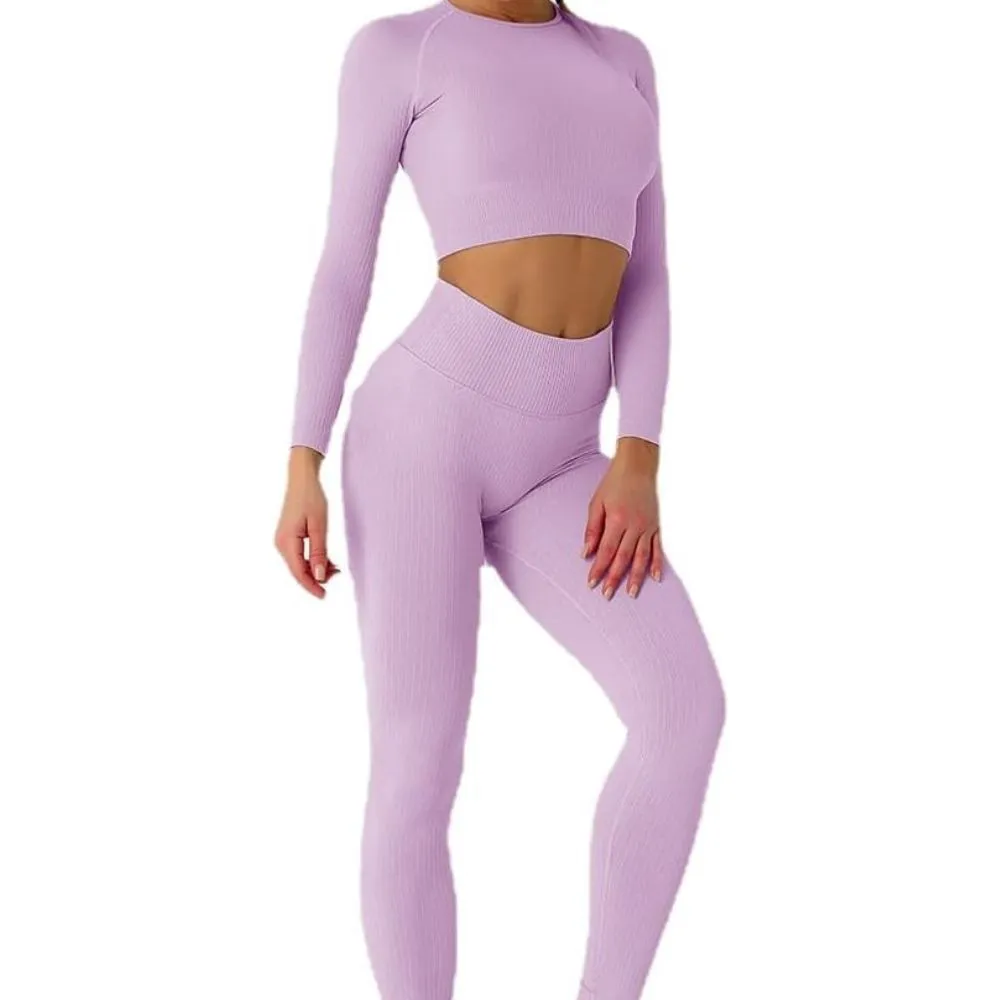 High Waist Tummy Control Two-Piece Gym Set for Yoga Running-Solid Ribbed Moisture Wicking Four-Way Stretch Breathable