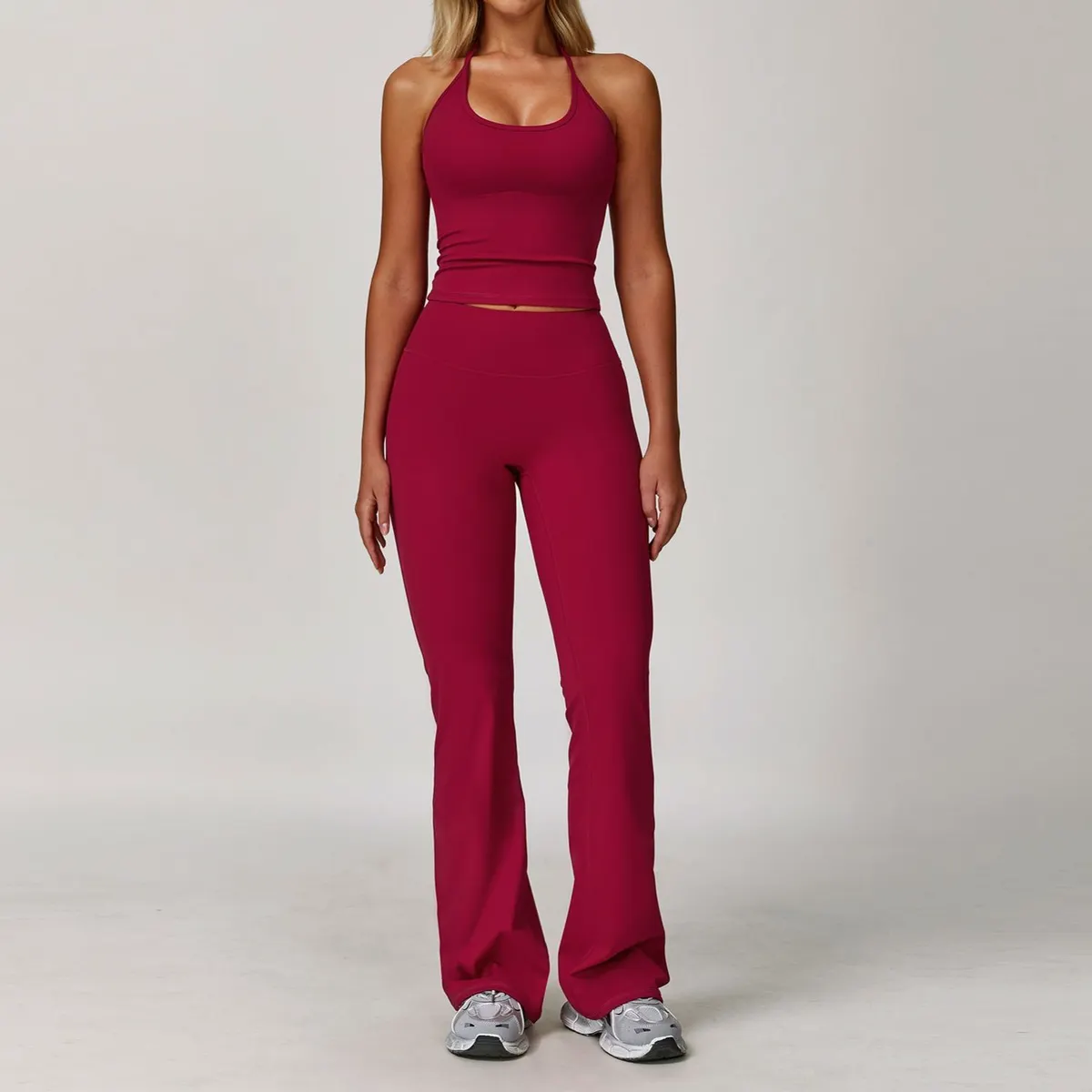 Halter Neck Tight Fit Beautiful Back Yoga Set Quick-Dry Fabric Fold-over High Waist Leggings Shorts Eco-Friendly Breathable