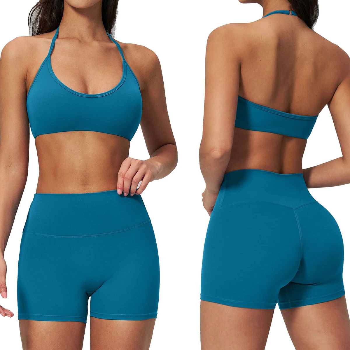 Women's Nylon Yoga Breathable Compression Quick Dry High Waist Four-Way Stretch Fitness Slimming Halter Sports Bra Shorts Set