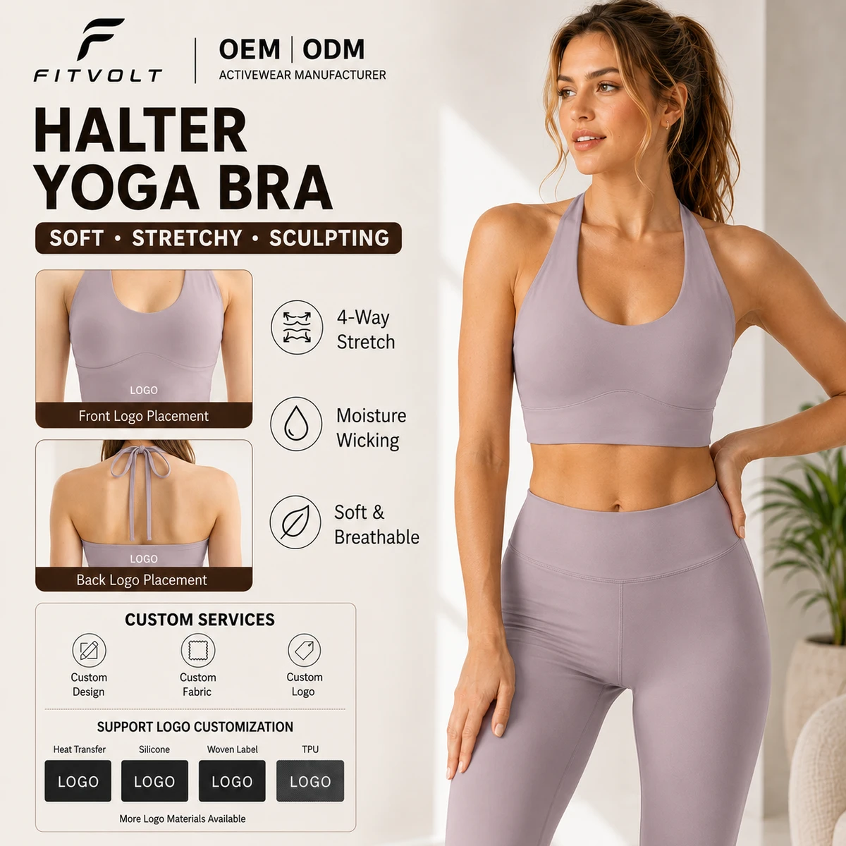FITVOLT Custom Logo Breathable Lightweight High Support Four-Way Stretch Chest Pad Fixed Cups Women's Halter Sports Bras