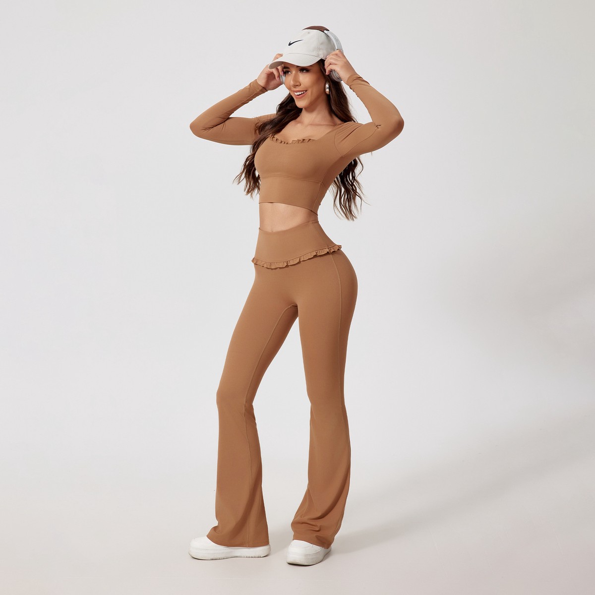 New Naked Square Neck High Waist Breathable Solid Quick-drying Long-sleeved Yoga Sports Fitness Suit 2-Piece Set 100%