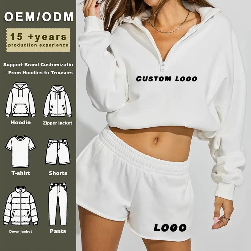 Custom High Quality Soft Cotton Fleece Full Sleeve Pullover Hoodie Shorts Set Women's Collared Breathable Sports Wear Casual