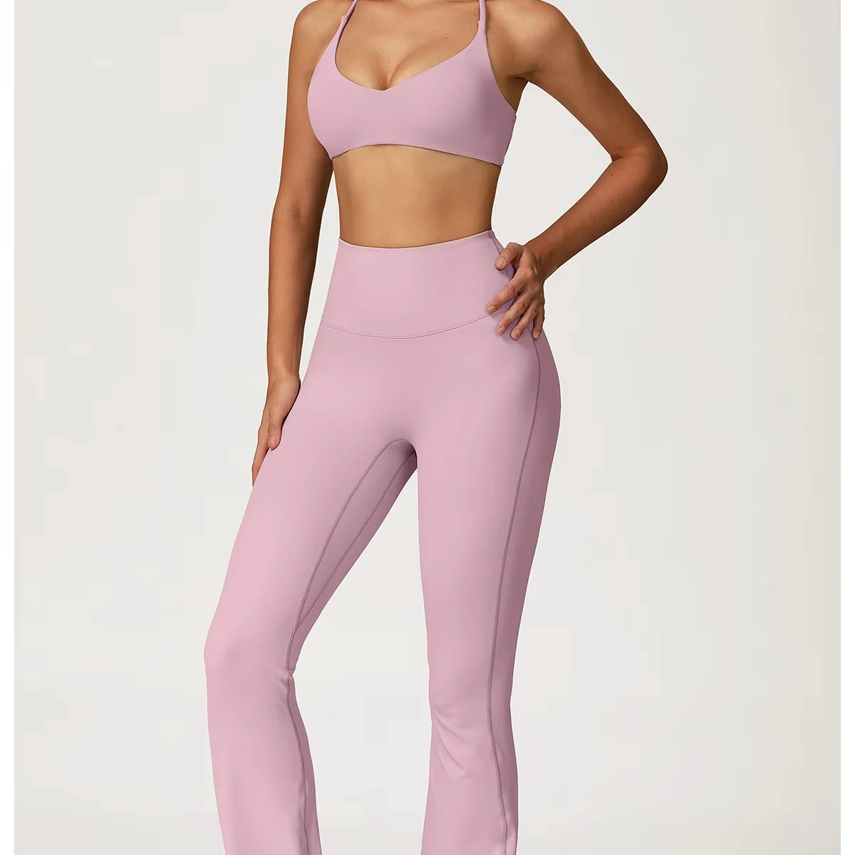 Women's Pink Color Shockproof Naked Feeling Yoga Set 2 Piece Slim Fit Quick Dry High Stretch Fitness Workout Set