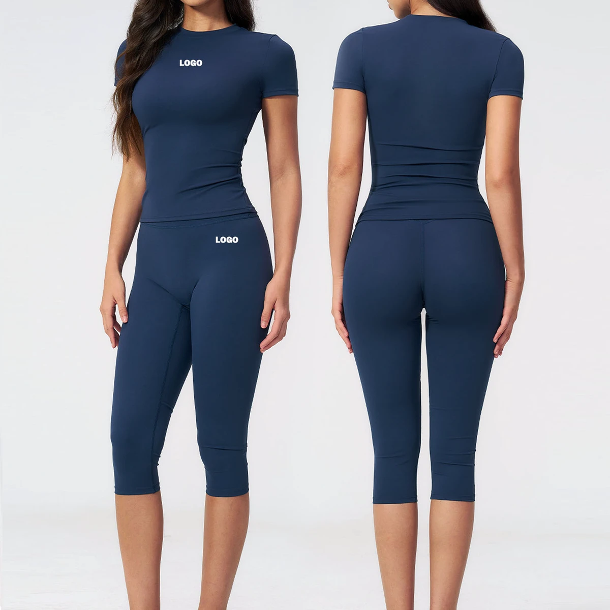 Custom Slim Fit Stretch T Shirts Capris Pants Sets Solid Summer Women's 2 Pieces Set Outdoor Gym Fitness Activewear Tracksuit