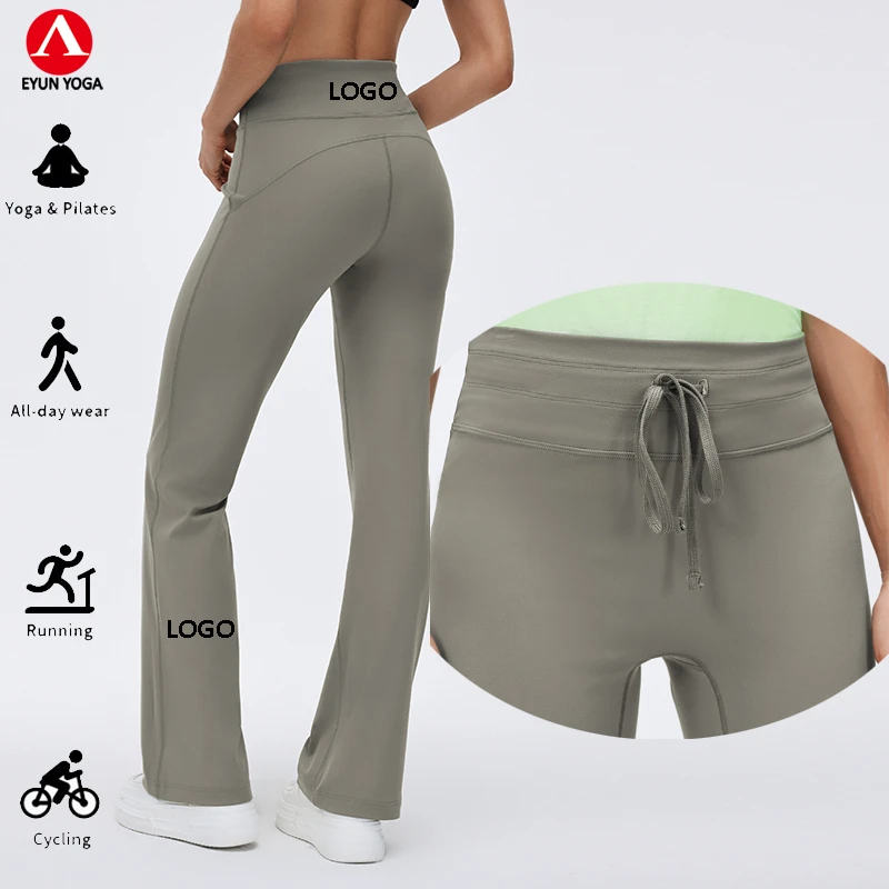 High Waist Butt Lift Yoga Flared Pants Bell-bottoms With Pocket & Waistband String for Pilates Running Cycling Workout Fitness