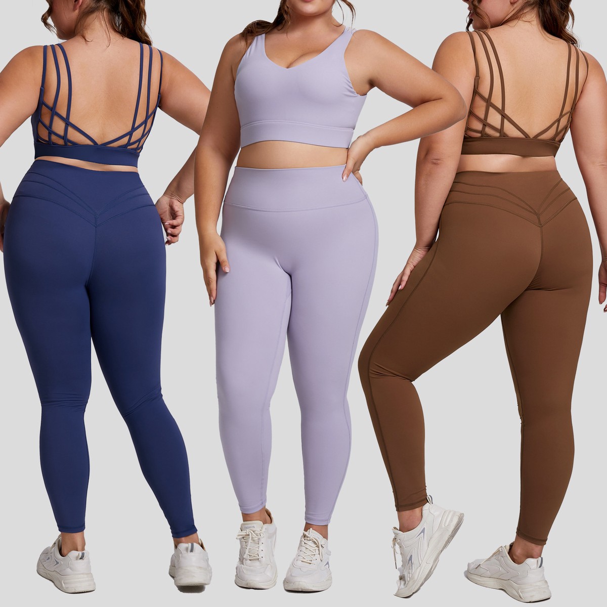 Cross-Border Plus-Size Solid Front V-neck High-Waisted Elastic Waist 2-Piece Yoga Fitness Clothing Set Women Wrinkle-Resistant