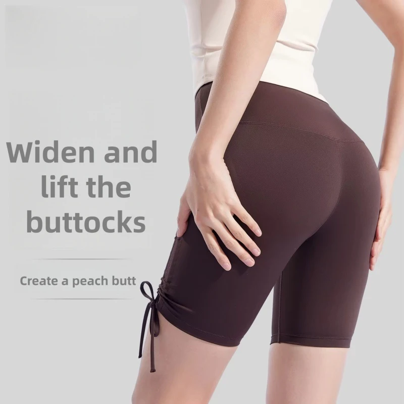 Summer New Ruched Solid Naked Tight Yoga Shorts Wrinkle Sports Fitness High Waist Hip Lifting Yoga Pants