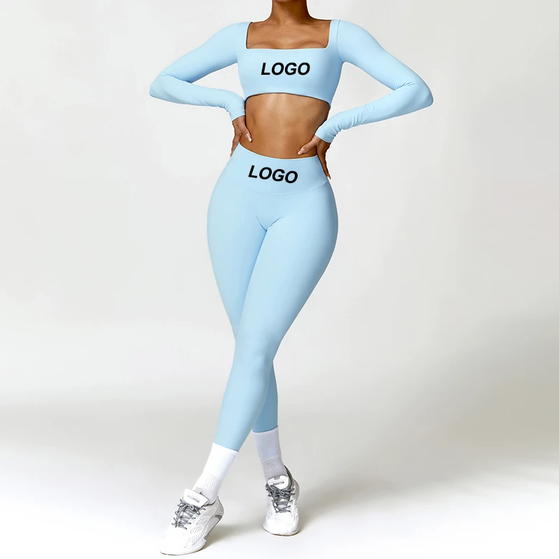 Logo Custom Women's Sports Wear 4 Way Stretch Yoga Sets Nylon Fabric Long Sleeve square Neck Crop Top and Leggings