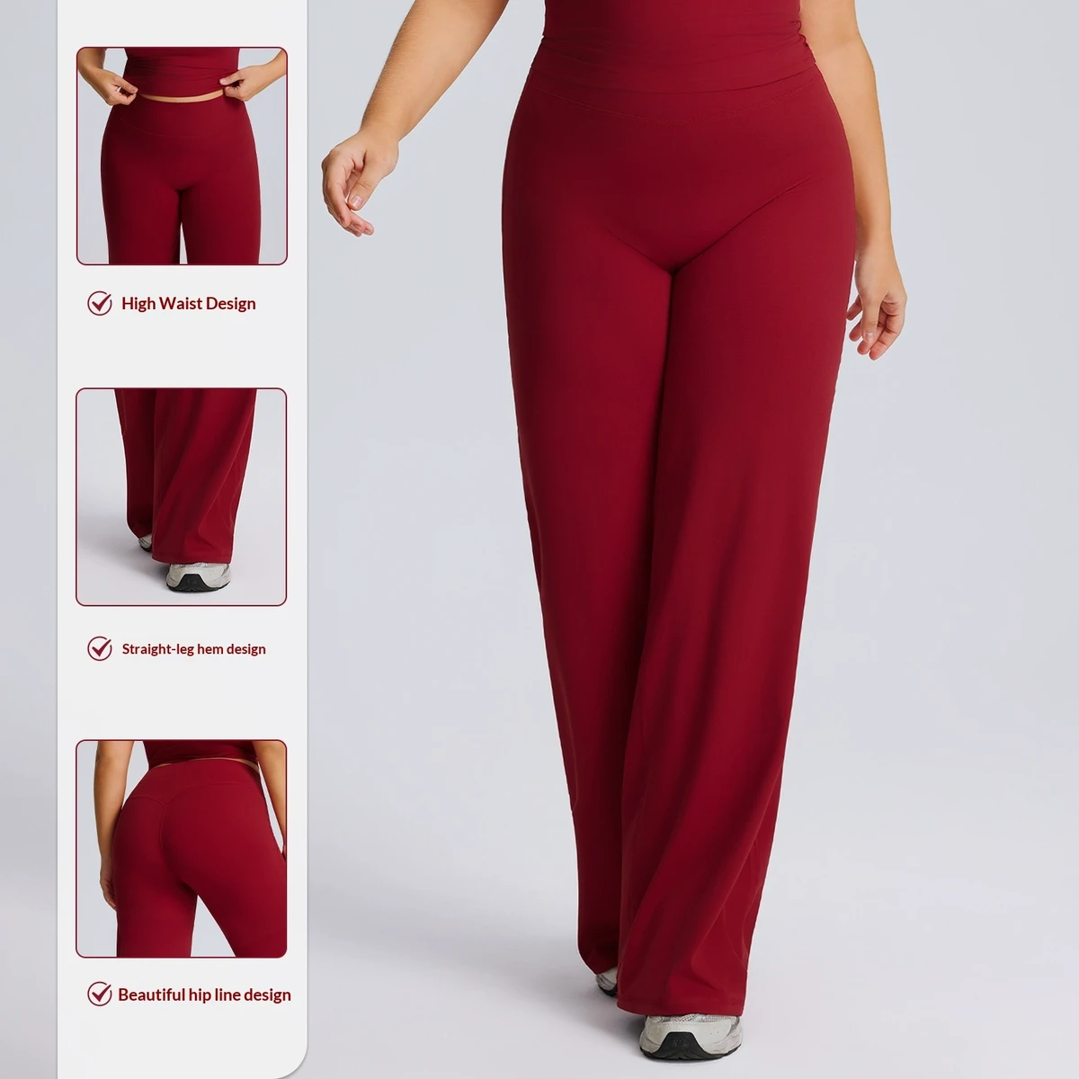 High-Waist Solid Sporty Yoga Pants Straight Leg Flared Hem Loose Fit Tummy Control Wide Leg Gym Casual 75% Nylon 25% Spandex