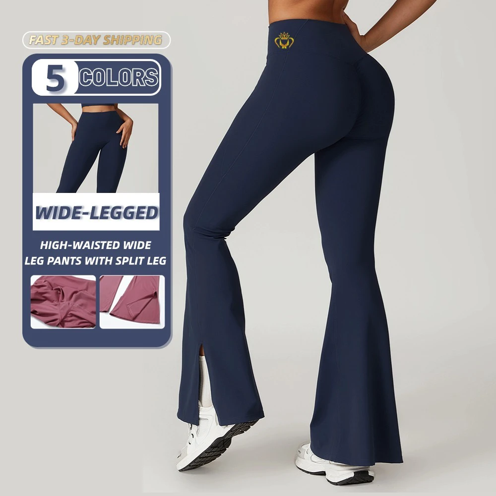 Custom Logo Sportswear Women Quick Drying Scrunch Yoga Sport Front Split Flare Pants Tight Women Workout Wide Leg Leggings