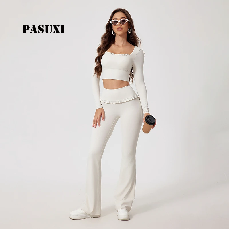 PASUXI Wholesale Nude Feel Square Neck Yoga Set High Waist Quick Dry Long Sleeve Sports Suit for Women Gym Running Training