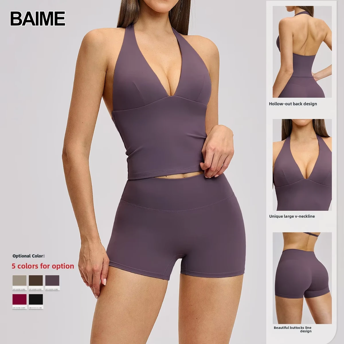 BAIME Solid Breathable Spandex/Nylon 2-Piece Yoga Set Deep V Neck Elastic Waist Sports Fitness Outfit 4201