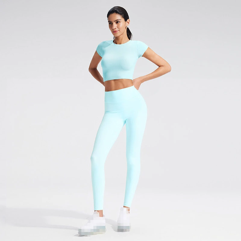 Women's Custom Logo High Waist Yoga Tights Set Breathable Fitness Top Shorts Elastic Waist Closure Plus Size Solid Pattern