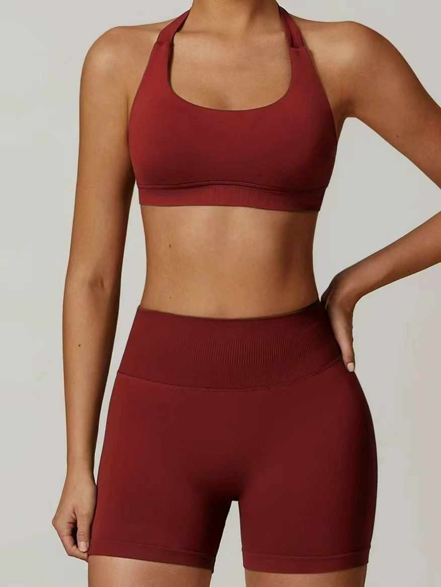 European American Halter Yoga Set Women Seamless Breathable Solid High Waist Tight-Fitting Spandex/Nylon Versatile Fitness