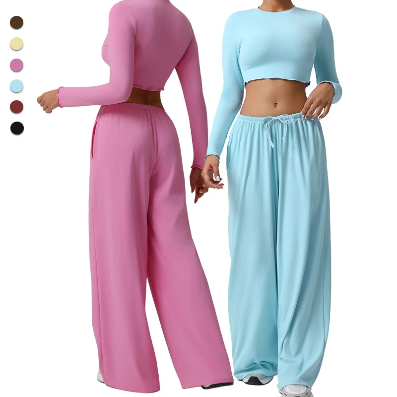 Sm2551 Women Sports Loose Hanging Wide Leg Elastic Waist Pants Matching Slim Fit Long Sleeved Crop Top Suit Yoga Set