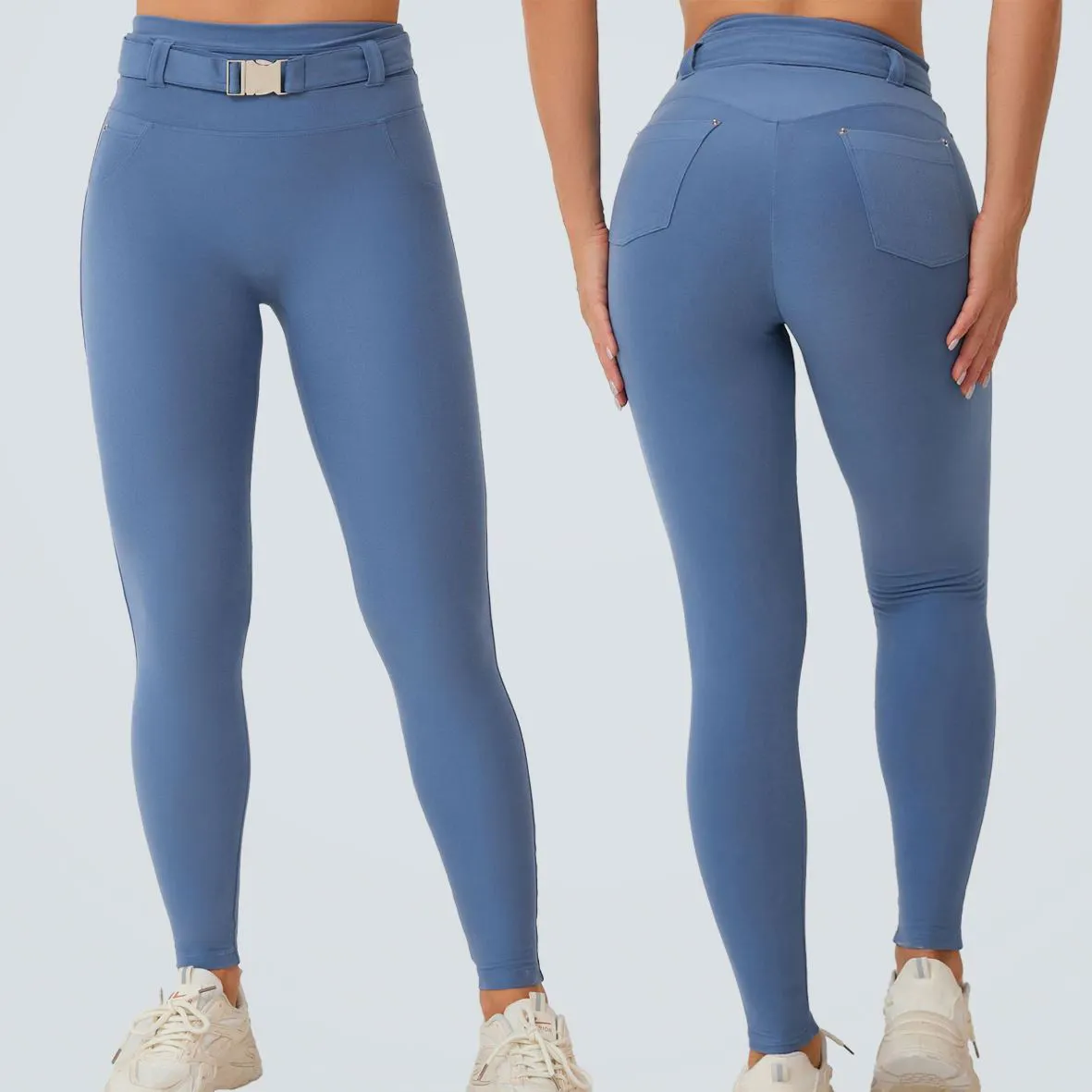 High Quality Quick-Drying Denim Blue Yoga Leggings Adjustable Waist Hip Lifting Sports Pants Featuring Solid Belt Pockets