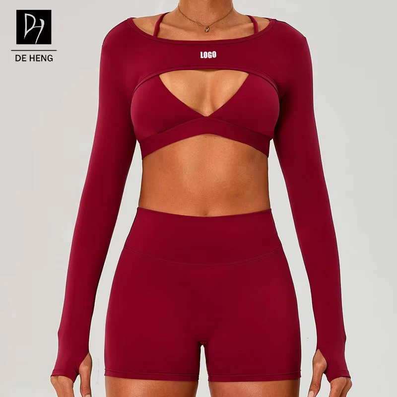 Custom LOGO Wholesale Fitness Women Sportswear Quick Dry High Quality Running Yoga Wrap Top Shrug Bra Shorts 3-PCS Set for Women