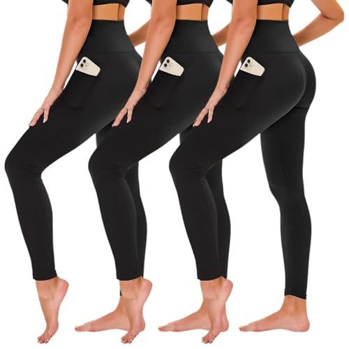 Leggings Pockets for Women-Black Spandex Solid Four-Way Stretch High Waisted Yoga Pants Elastic Waist Full Length Tummy