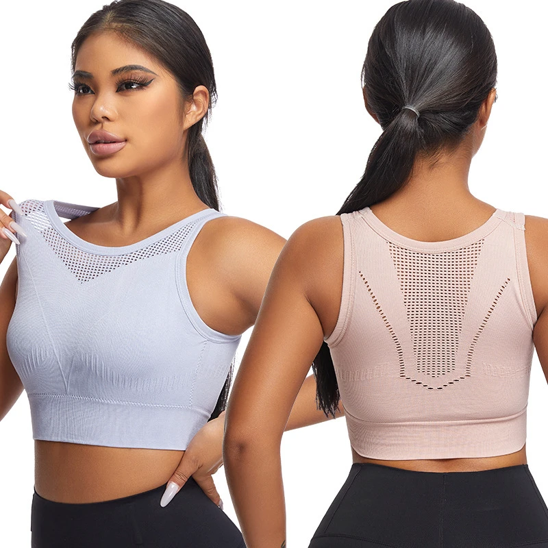 Women's Seamless Eco-Friendly Sports Bra Push Hollow Fixed Padded Wireless High for Support Vest Shockproof Fitness Workout