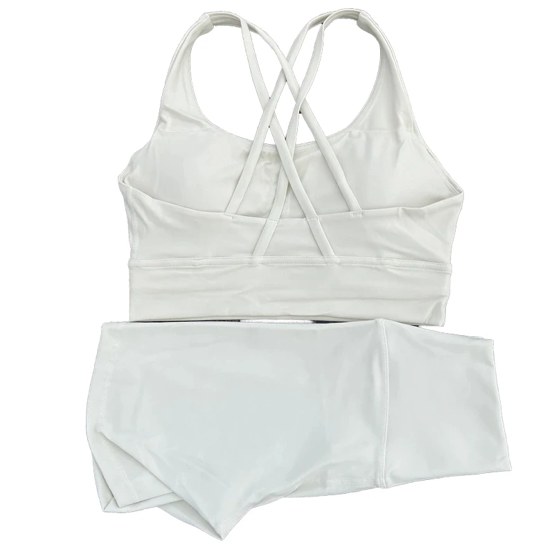 Women's 2-Piece Athletic Gym Yoga Short Set High Waist Cross Back Sports Bra Lightweight Short Legging Solid Color Front Spangle