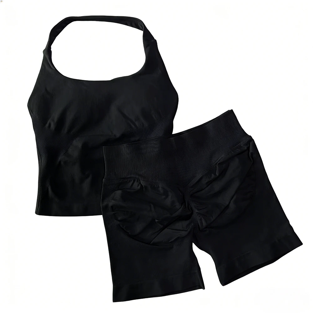 2 Pieces Impact Sports Set Women Backless Halter Tops High Waist Seamless Hight Stretch Shorts Gym Suit Sportswear Workout Sets