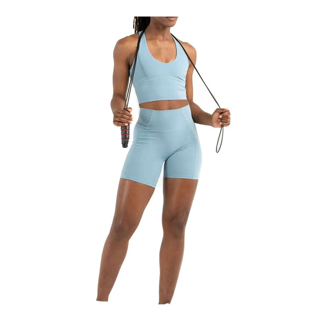 Women's Light Blue Halter Sports Bra & High Waist Shorts Set Breathable Knitted Workout Activewear Two Piece Spring Summer