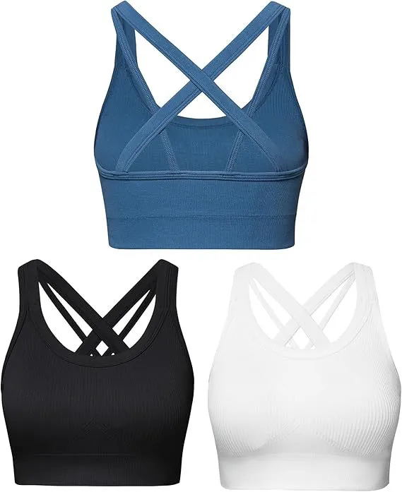 Double Couple Solid Simple Sports Bras for Women Padded High for Seamless Mesh Front Criss Cross Back Workout Tops Gym Bra