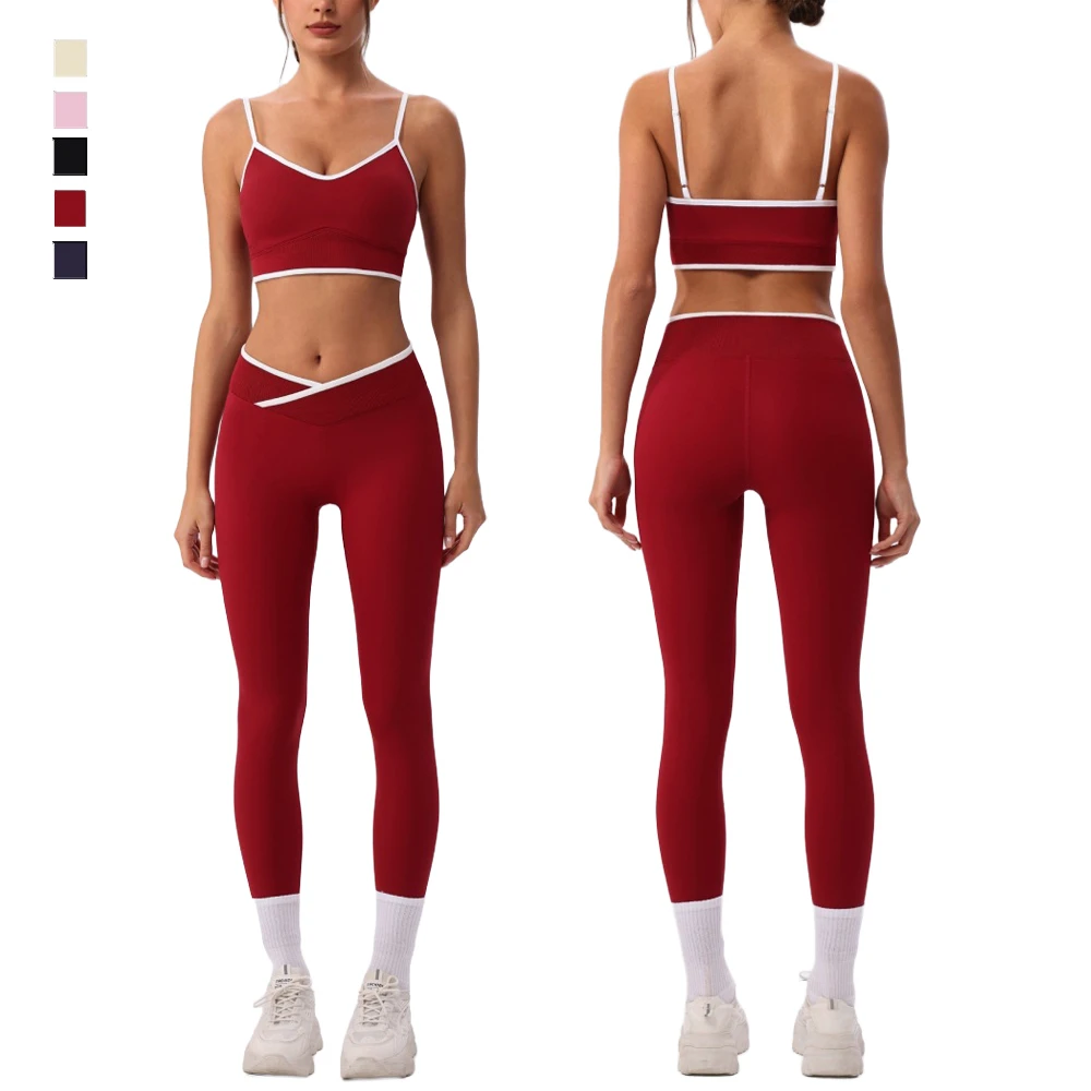 Women Solid 2-Piece Yoga Suit Contrast Stitch Gym Bra Stretch V Waist Running Leggings Breathable Workout Fitness Set