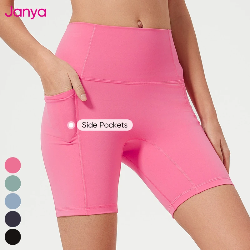 Janya New Women's Quick Dry Breathable No Front Seam Sports Gym Shorts Side Pockets High Waist Fitness Yoga Shorts for Adults