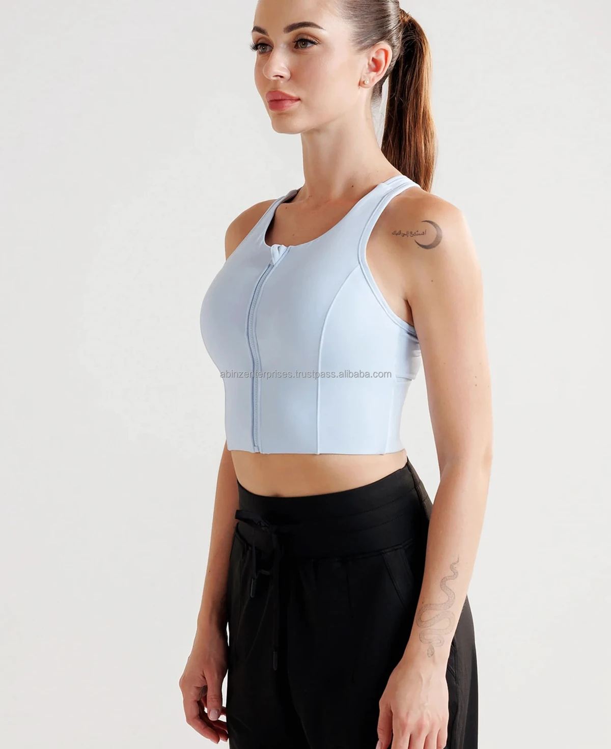 Medium Support Eco-Friendly Breathable Quick Dry Seamless Lace Crew Neck Spandex/Nylon Women's Yoga Sports Bra with Front Zip