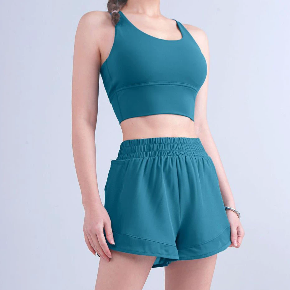 Teal Women's High Waist Sport Shorts With Pockets Breathable Knitted Fabric Elastic Waist Regular Fit Solid Color Sporty Style