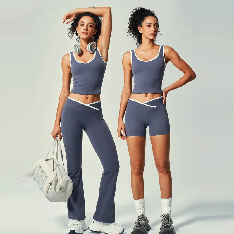 High-Waisted 2-Piece Solid Color Yoga Shorts Set for Women-Sweat-Wicking Breathable Tight-Fitting Nylon Spandex Workout Yoga set