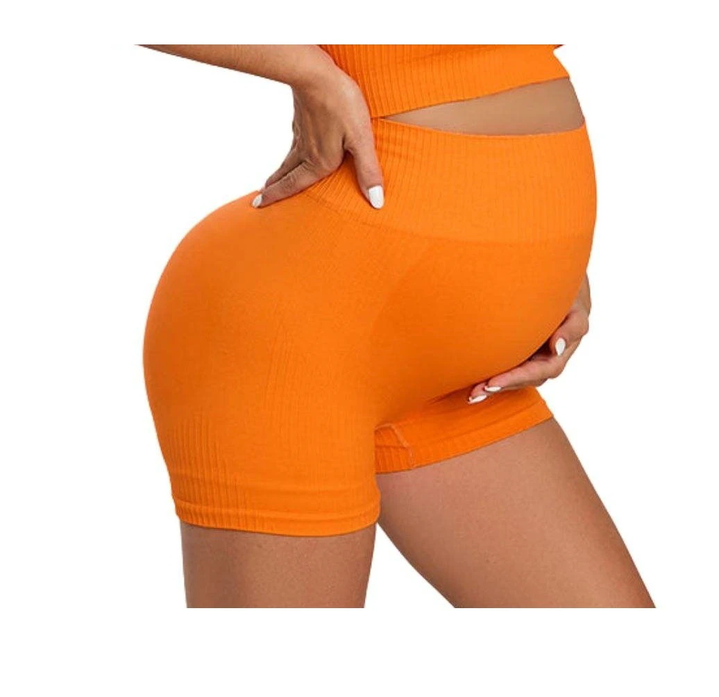Breathable Women Maternity Yoga Fitness Gym Booty Ribbed Shorts Breathable Seamless with Inside Pockets High Waist Shorts