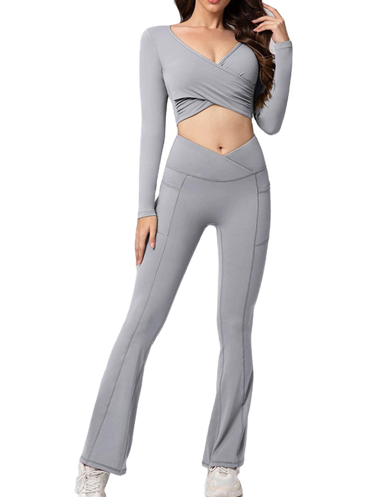 (Overseas Warehouse Shipping) 2026 New Arrival Elastic Waist High Waist Hip Lifting Side Pocket Micro Flare Yoga Leggings